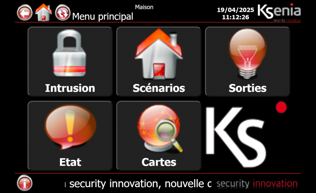 Menu tactile de la centrale d'alarme Ksenia Lares, zones intrusion et scénarios