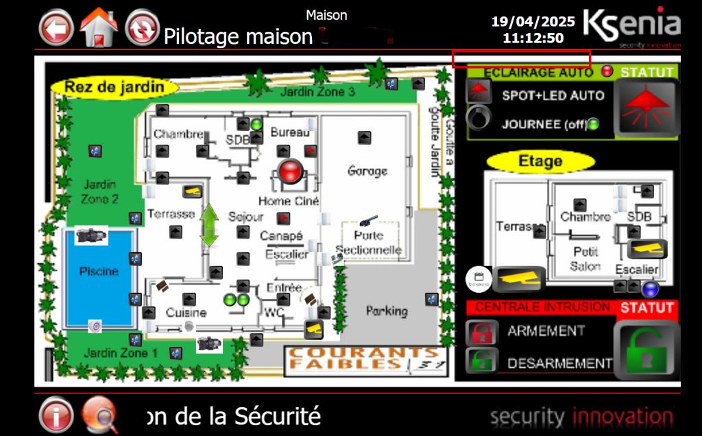 Synoptique domotique Ksenia Lares avec plan de maison, zones et éclairage