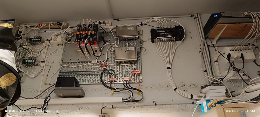 Local technique de distribution TV collective avec multiswitch et centrales d'amplification