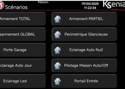 Interface de pilotage de l'alarme Ksenia installée par CF31 : scénarios armement, désarmement, éclairage